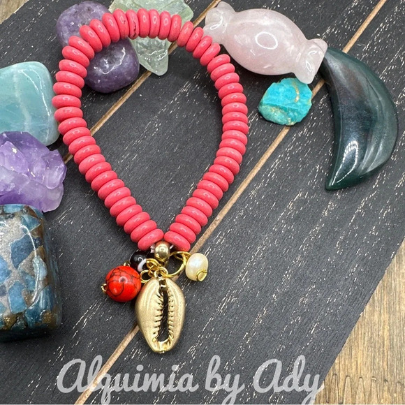 Red Turquoise gold coral pearl bracelet /protection and peace - Picture 1 of 5